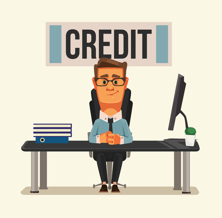Smiling credit manager character sitting at bank office. Vector flat cartoon illustrationのイラスト素材