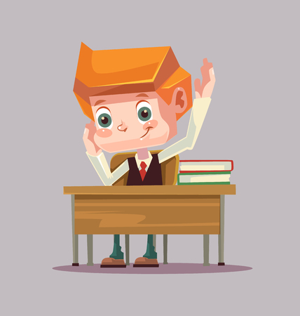 Happy smiling school boy character raising hand. Vector flat cartoon illustrationのイラスト素材