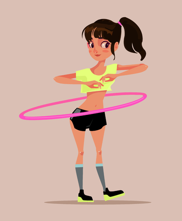 Happy smiling girl teen character turning playing hula hoop. Vector flat cartoon illustrationのイラスト素材