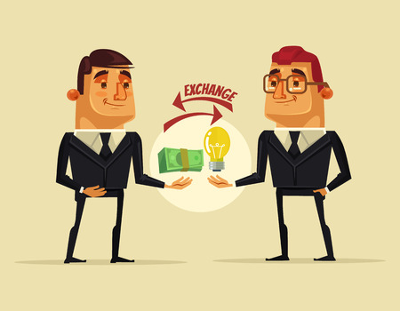 Office worker man character sells the idea for money to businessman. Vector flat cartoon illustrationのイラスト素材