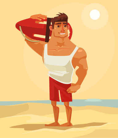 Happy smiling sea lifeguard man character mascot. Vector flat cartoon illustrationのイラスト素材