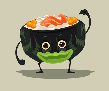 Happy smiling sushi roll character mascot. Vector flat cartoon illustrationのイラスト素材