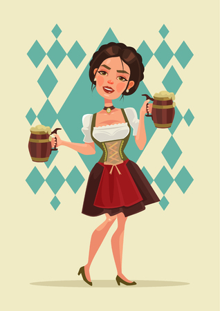 Happy smiling woman with beer mug mascot character. Oktoberfest. Vector flat cartoon illustrationのイラスト素材