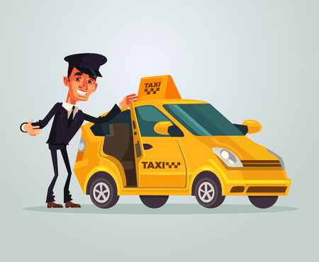 Happy smiling taxi driver characters invites to travel in his car. Vector flat cartoon illustrationのイラスト素材