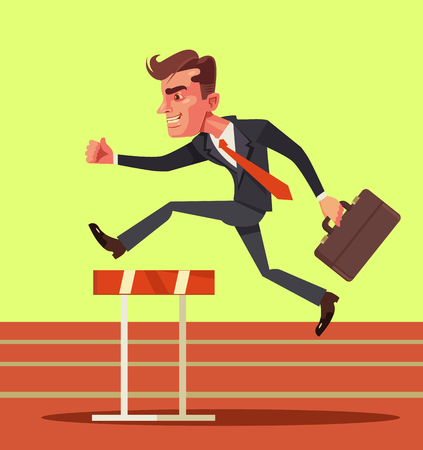 Happy smiling businessman jumping over hurdle obstacles. Business success. Vector flat cartoon illustrationのイラスト素材