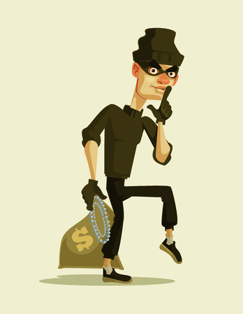 Happy smiling thief carrying a stolen money bag. Vector flat cartoon illustrationのイラスト素材