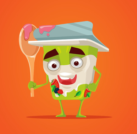 Happy smiling yogurt character hold spoon. Healthy breakfast. Vector flat cartoon illustrationのイラスト素材