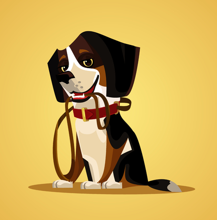 Happy smiling dog character hold leash in mouth. Vector flat cartoon illustrationのイラスト素材