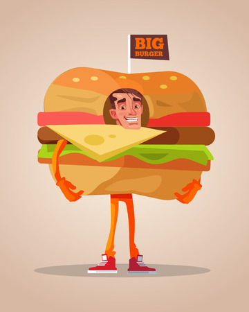 Happy smiling man promoter character mascot dressed in hamburger suit. Vector flat cartoon illustrationのイラスト素材