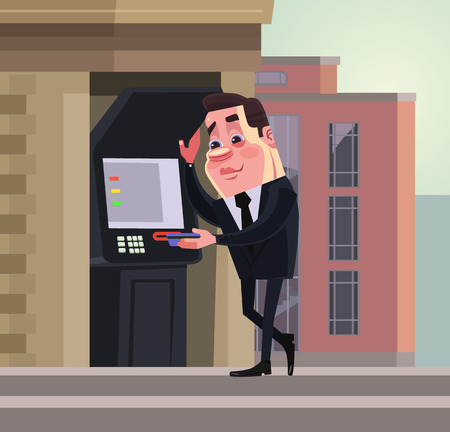 Happy smiling business worker. Money transaction. Vector flat cartoon illustrationのイラスト素材