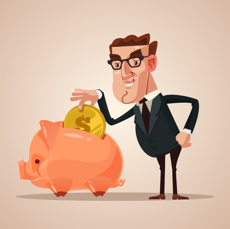 Happy smiling businessman in a piggy bank. Successful business concept. Vector flat cartoon illustrationのイラスト素材