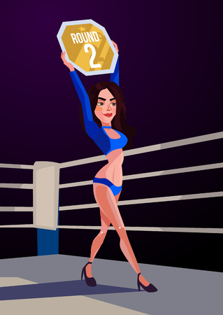 Happy smiling sexy ring girl holding and showing round board. Vector flat cartoon illustrationのイラスト素材