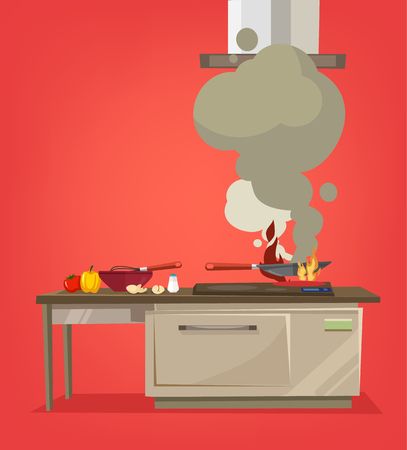 On kitchen stove burns food. Vector flat cartoon illustrationのイラスト素材