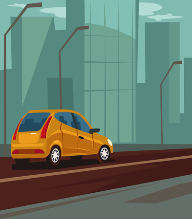Highway with moving car. Vector flat cartoon illustrationのイラスト素材