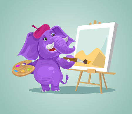Happy smiling elephant character artist drawing. Vector flat cartoon illustrationのイラスト素材