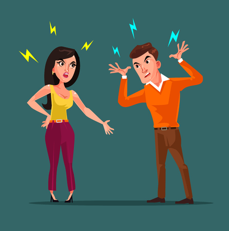 Angry man and woman characters quarreling. Vector flat cartoon illustrationのイラスト素材