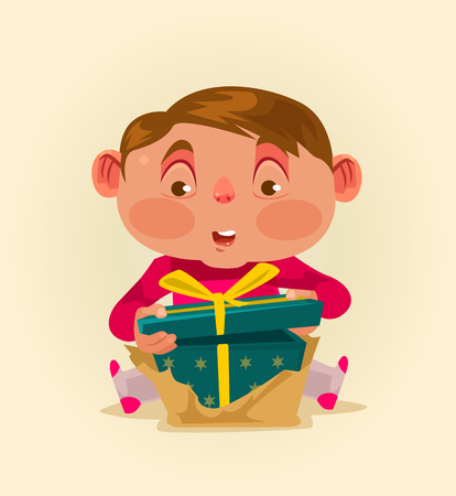 Little boy child get gift box. Vector flat illustrationのイラスト素材