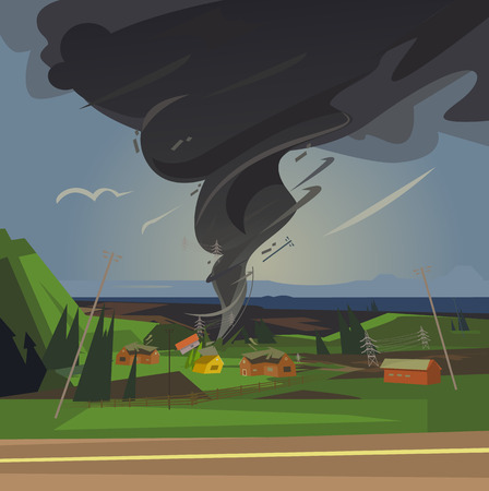 Terrible tornado spun houses. Vector cartoon illustrationのイラスト素材