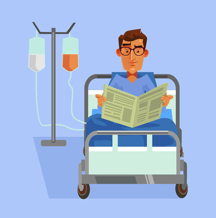 Happy smiling patient laying in bed and reading newspaper Vector flat cartoon illustrationのイラスト素材