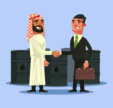 Arabian and European businessman deal contract and shaking hands Vector flat cartoon illustrationのイラスト素材