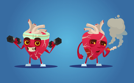 Healthy and unhealthy heart characters vector flat cartoon illustration.のイラスト素材
