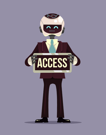 Robot character mascot hold banner access. Vector flat cartoon illustrationのイラスト素材