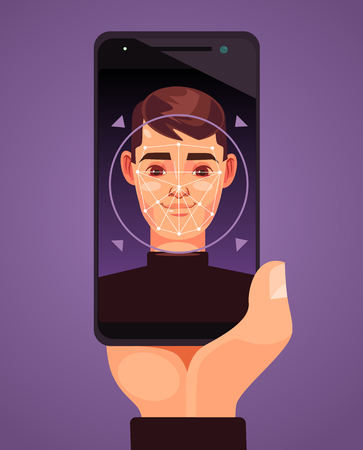 Facial recognition smart phone. Vector flat cartoon illustrationのイラスト素材