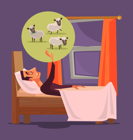 Man character can not sleep and count sheep. Insomnia concept. Vector flat cartoon illustrationのイラスト素材