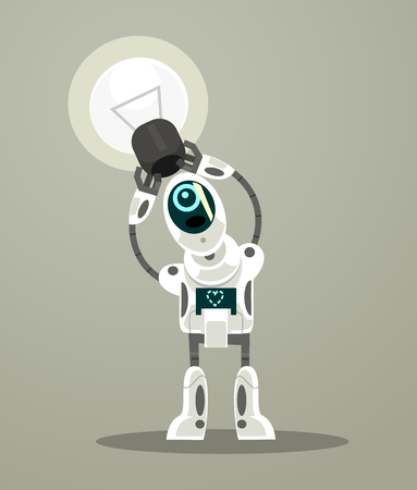 Happy smiling robot character having idea. Vector flat cartoon illustrationのイラスト素材