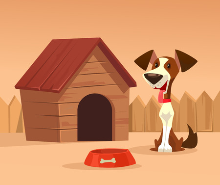 Happy smiling dog character guards house. Vector cartoon illustrationのイラスト素材
