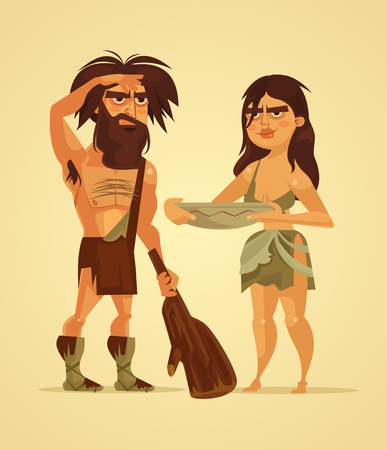 Happy neanderthals man and woman couple. Vector flat cartoon illustrationのイラスト素材