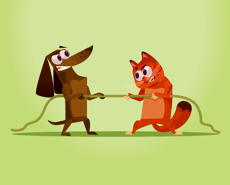 Angry enemy domestic Cat vs Dog. Competition war opposition concept. Vector flat cartoon illustrationのイラスト素材