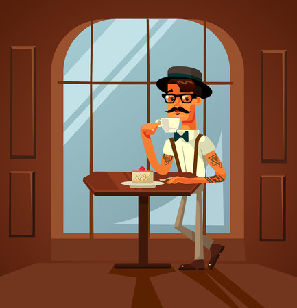 Happy smiling hipster man character eating cake and drinking morning coffee in cafe. Vector flat cartoon illustrationのイラスト素材