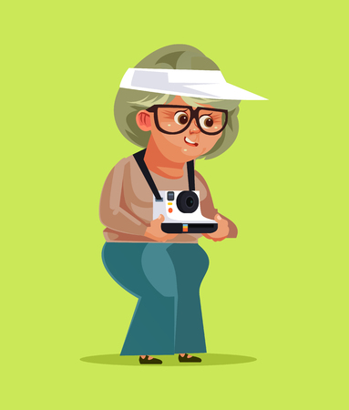 Happy smiling old woman. Travel concept vector illustration. Vector flat cartoon isolated illustrationのイラスト素材