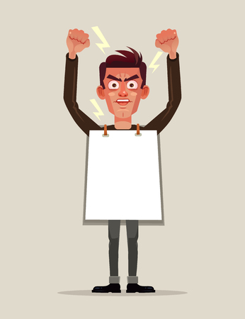 Angry man protestor, employee, employee, demonstrator, holding, banner, poster, placard and screaming shouting. Riot conflict demonstration public protest revolution and fight for rights concept. Vector flat cartoon graphic design isolated illustrationのイラスト素材