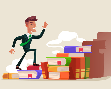 Successful businessman character climbing up on a book stairs.のイラスト素材