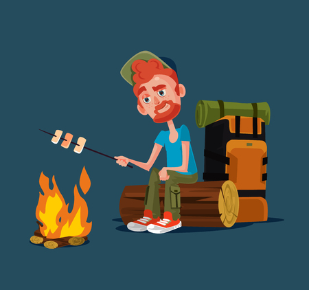Happy smiling tourist man scout camper character sitting alone at night near bonfire and fry roasting marshmallows. Summer camp. Vector flat cartoon graphic design isolated illustrationのイラスト素材