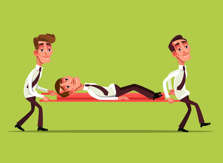 Tired sad businessman office worker characters on stretcher and colleague carry him concept Vector flat cartoon graphic design isolated illustrationのイラスト素材