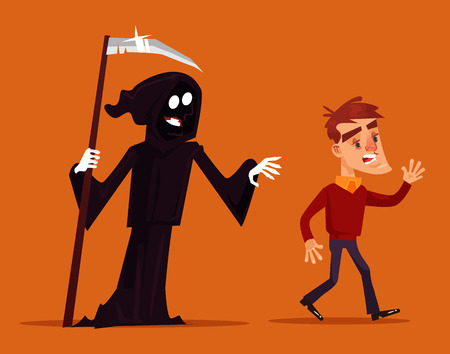 Death character chasing running after scary man mascot. Vector flat cartoon illustrationのイラスト素材