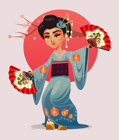 Japanese geisha girl woman character dancing with fans vector flat cartoon illustration.のイラスト素材