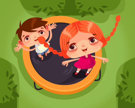 Two happy smiling children, boy and girl, character, jumping, trampoline and having fun. School holidays summer time isolated cartoon vector illustrationのイラスト素材