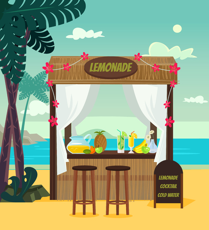 Market store sale lemonade on the beach sea resort. Summer time holiday vacation relax banner banner cartoon flat illustrationのイラスト素材