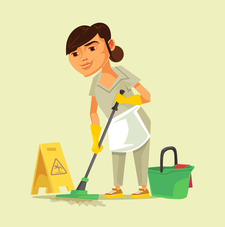 Happy smiling cleaning staff. Cleaning isolated cartoon vector illustrationのイラスト素材