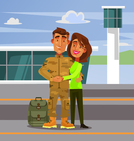 Brave happy smiling soldier man character coming back home to his wife girlfriend woman. Military war flat cartoon illustration graphic design concept elementのイラスト素材