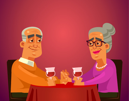 Two happy smiling old people couple grandma and grandpa characters sitting on table restaurant, drinking wine and having date celebrating. Romantic flat cartoon illustration graphic design concept elementのイラスト素材