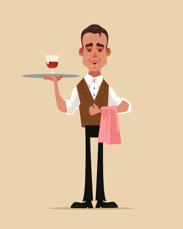 Happy smiling woman holding a glass of red wine. Food service concept flat cartoonのイラスト素材