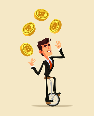 Happy smiling businessman miner office worker character juggle golden bitcoin. Online web successful e-business flat cartoonのイラスト素材
