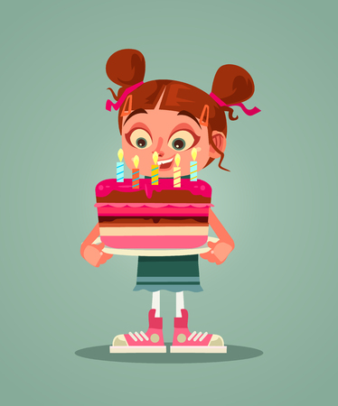 Happy smiling girl holding cake with candle and making wishes. Happy birthday celebrating flat cartoon graphic design isolated illustrationのイラスト素材
