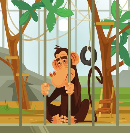 Sad unhappy monkey chimpanzee. Cruel illicit treatment of animalsのイラスト素材