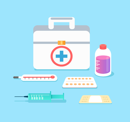 Doctors case with medical tools, pills, thermometer, syringe, plaster, syrup. Health care concept isolated icon set collection. Vector flat cartoon isolated illustrationのイラスト素材